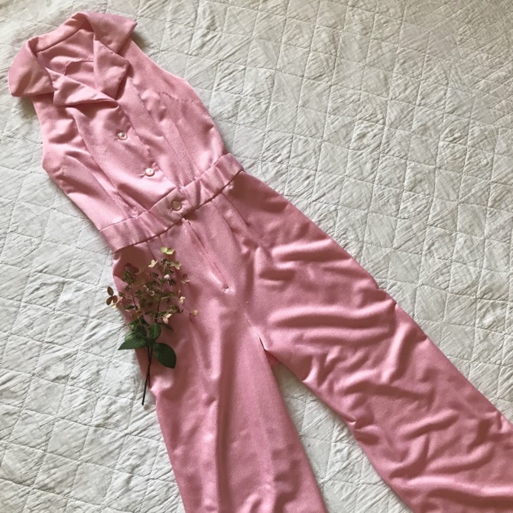 1970s Handmade Silky Pink Jumpsuit